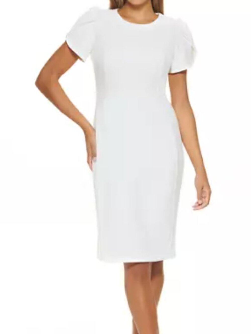 Calvin Klein Pleated Sleeve Stretch Classic White Dress